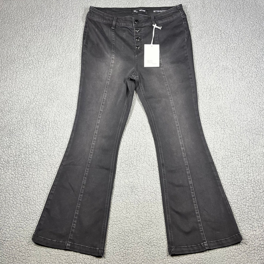 1822 Denim Better Butter High Rise Flare Jeans Black Button Fly 14P/32P NEW
